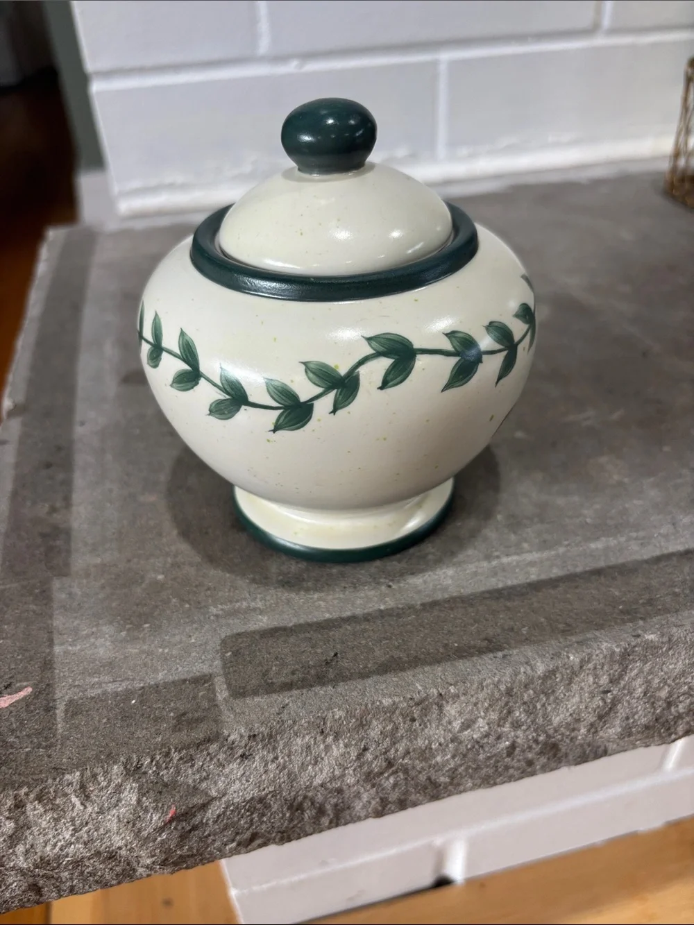 Cream Ceramic Joy Jar with Green Leaf Trim
